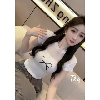 Áo thun tay cộc phối lưới  dáng basic nơ trước ngực