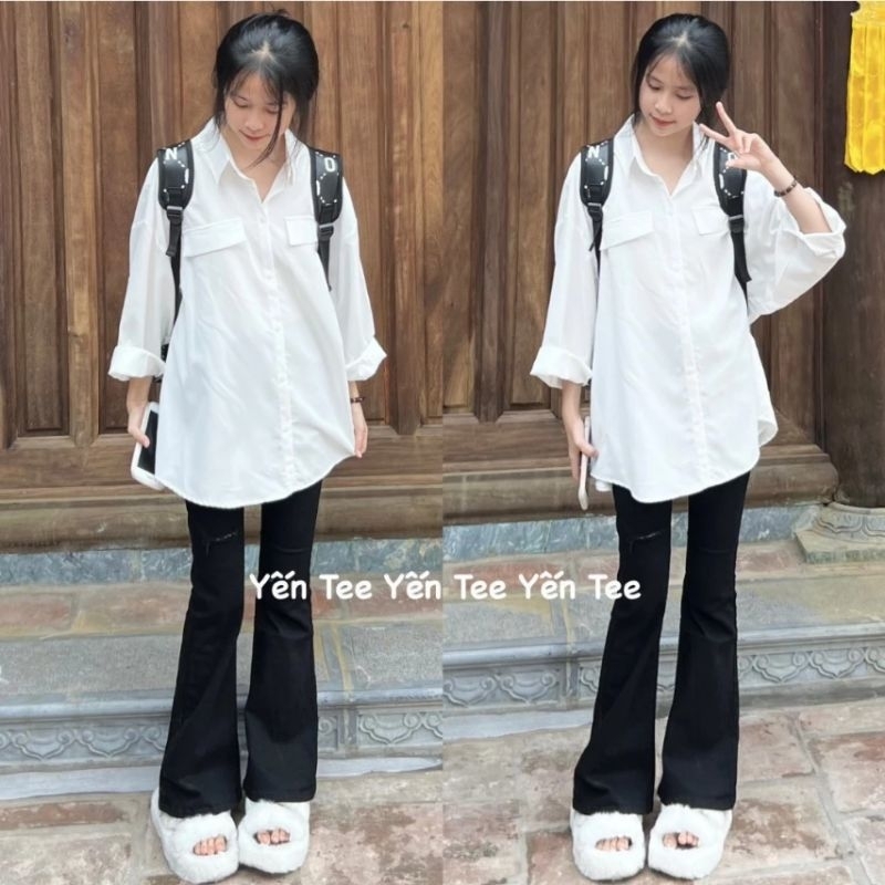 [ Rẻ Vô Địch ] Sét Bộ Quần Ống Loe Chất Umi + Mix Áo Sơ Mi Trắng Form Rộng