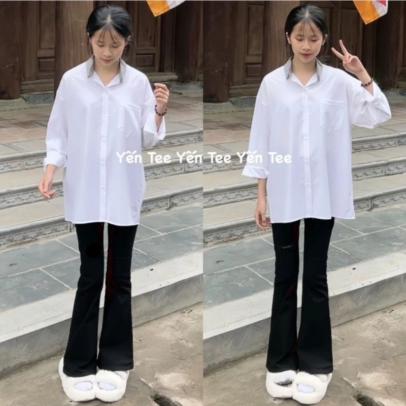 [ Rẻ Vô Địch ] Sét Bộ Quần Ống Loe Chất Umi + Mix Áo Sơ Mi Trắng Form Rộng