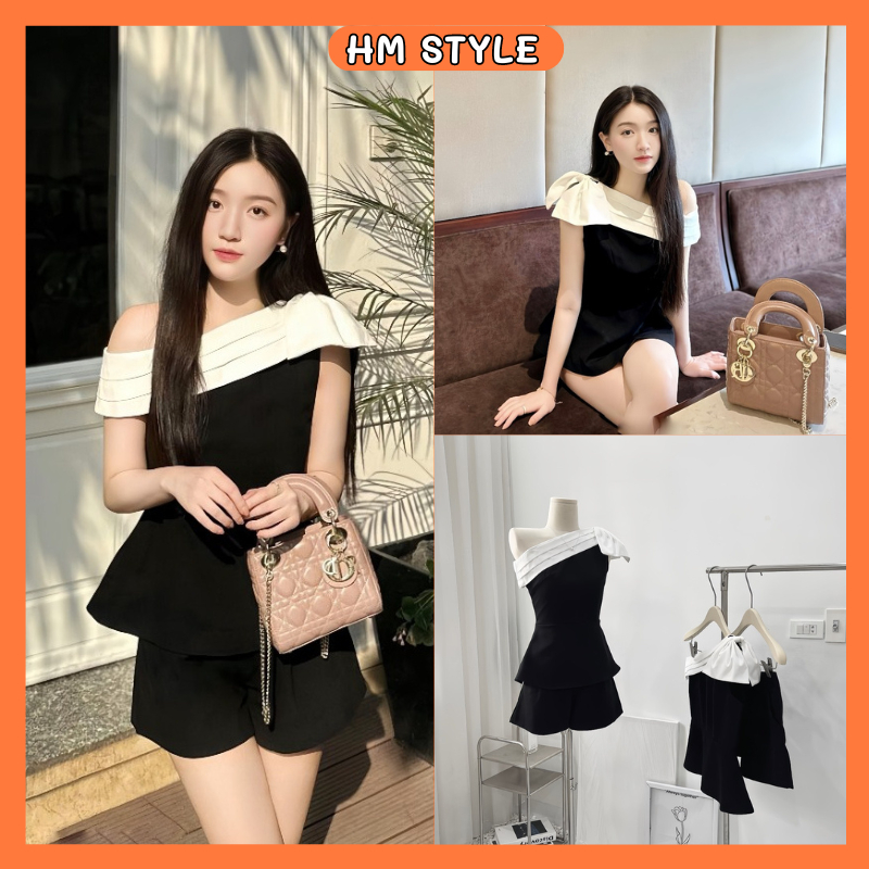 Set bộ đồ nữ thiết kế áo lệch vai phối bèo trắng gắn nơ + quần short ...