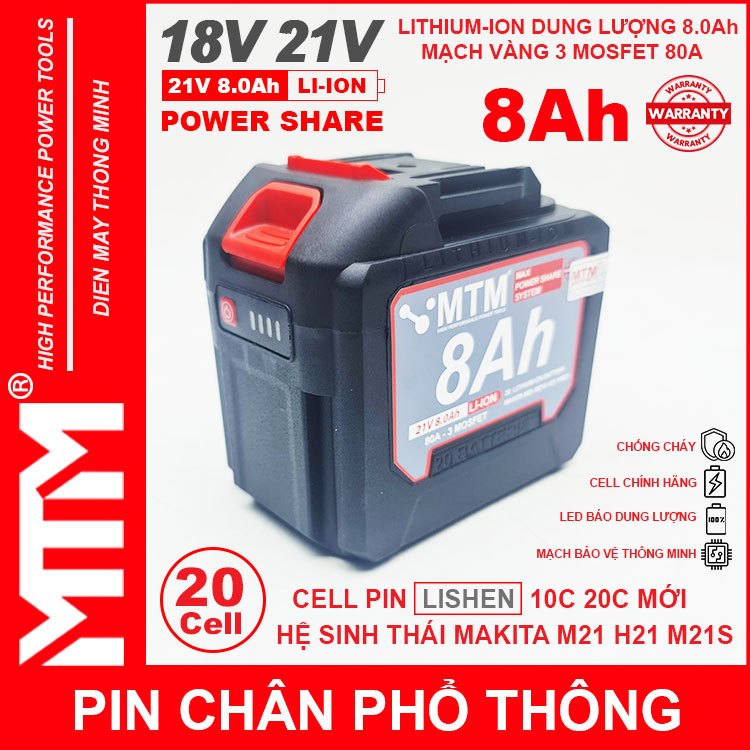 Pin chân phổ thông Makita 18V 21V 8Ah 20cell mạch 80A led báo pin chống ...