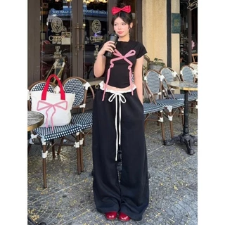 Quần dài ống suông,quần dài ống rộng BOW PANTS cạp viền trắng dây rút cực tôn dáng ,cá tính kiểu dáng trendy