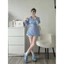 MIU.STUDIO | Set 2 món : Áo sơmi xanh kẻ dài tay kèm chân váy ngắn đắp tà kèm đai quấn eo siêu tôn dáng điệu đà
