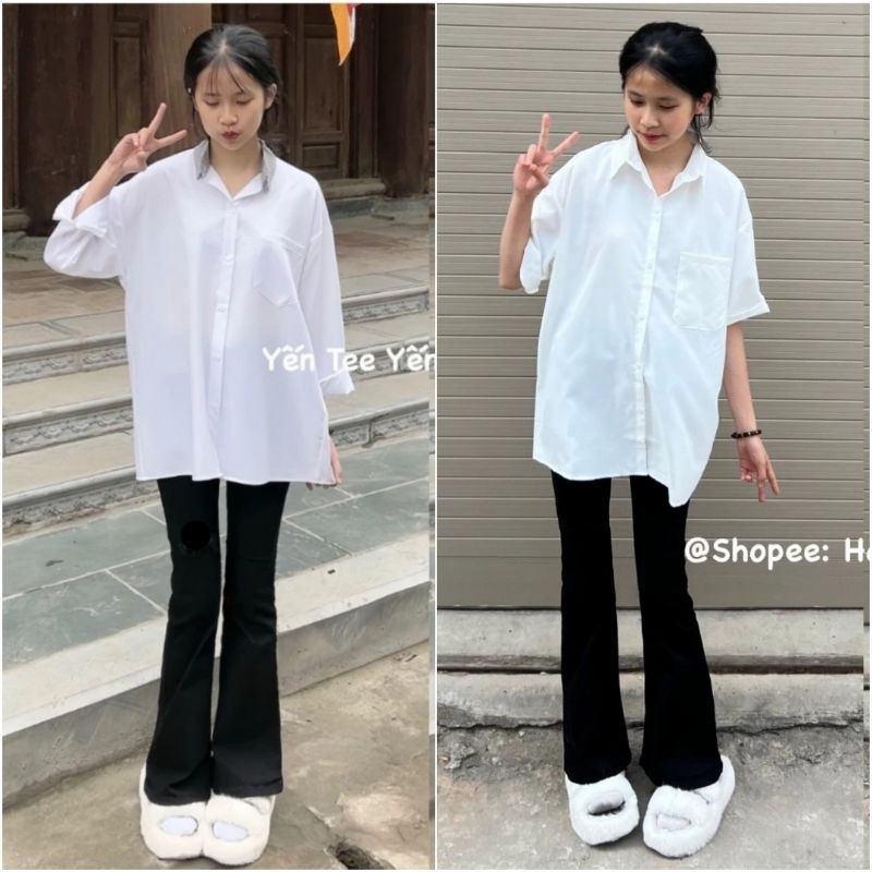 [ Rẻ Vô Địch ] Sét Bộ Quần Ống Loe Chất Umi + Mix Áo Sơ Mi Trắng Form Rộng