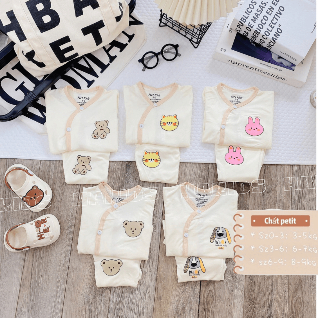 Combo 2-3 Bộ dài tay cho bé sơ sinh VT chất thun lạnh màu kem in hoạ tiết mềm mịn cho bé 0 - 9 tháng DL07 Đậu Đậu Store