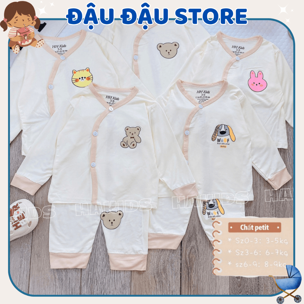 Combo 2-3 Bộ dài tay cho bé sơ sinh VT chất thun lạnh màu kem in hoạ tiết mềm mịn cho bé 0 - 9 tháng DL07 Đậu Đậu Store
