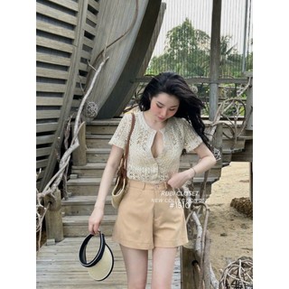 Set bộ đùi 3 món áo ren hoa cổ tròn tay ngắn lót thun tăm quần kaki thời trang nữ trẻ trung dịu dàng