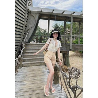 Set bộ đùi 3 món áo ren hoa cổ tròn tay ngắn lót thun tăm quần kaki thời trang nữ trẻ trung dịu dàng