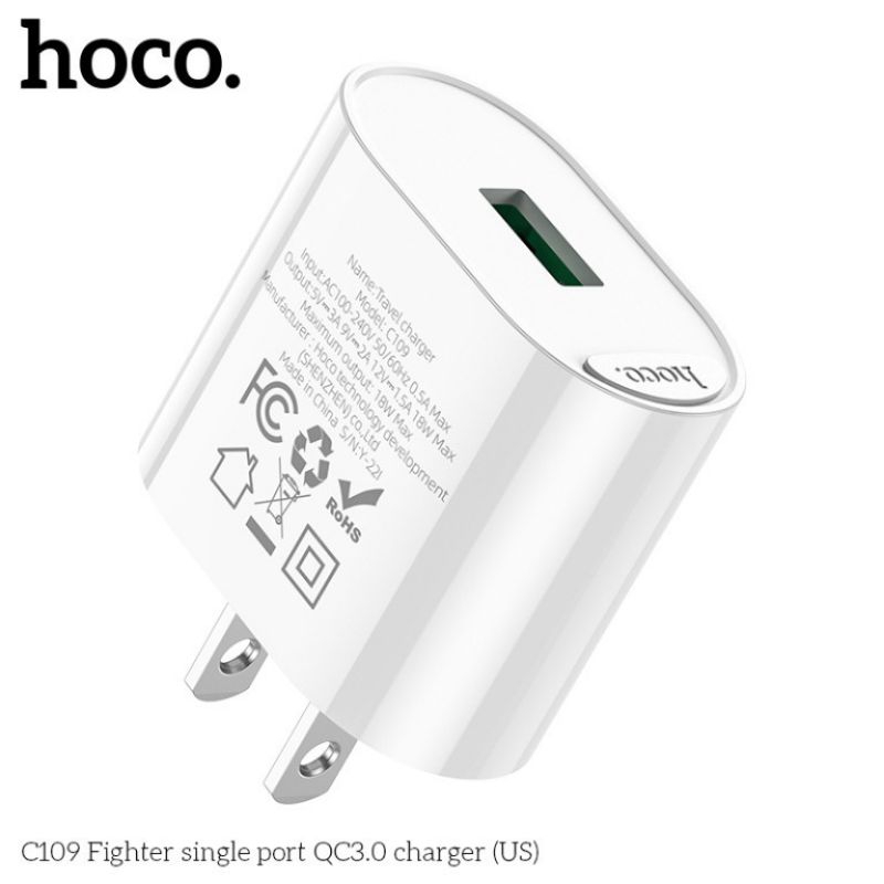 Củ sạc Hoco C109 sạc nhanh 18w chân dẹt 1 cổng USB hỗ trợ QC3.0 chất liệu PC