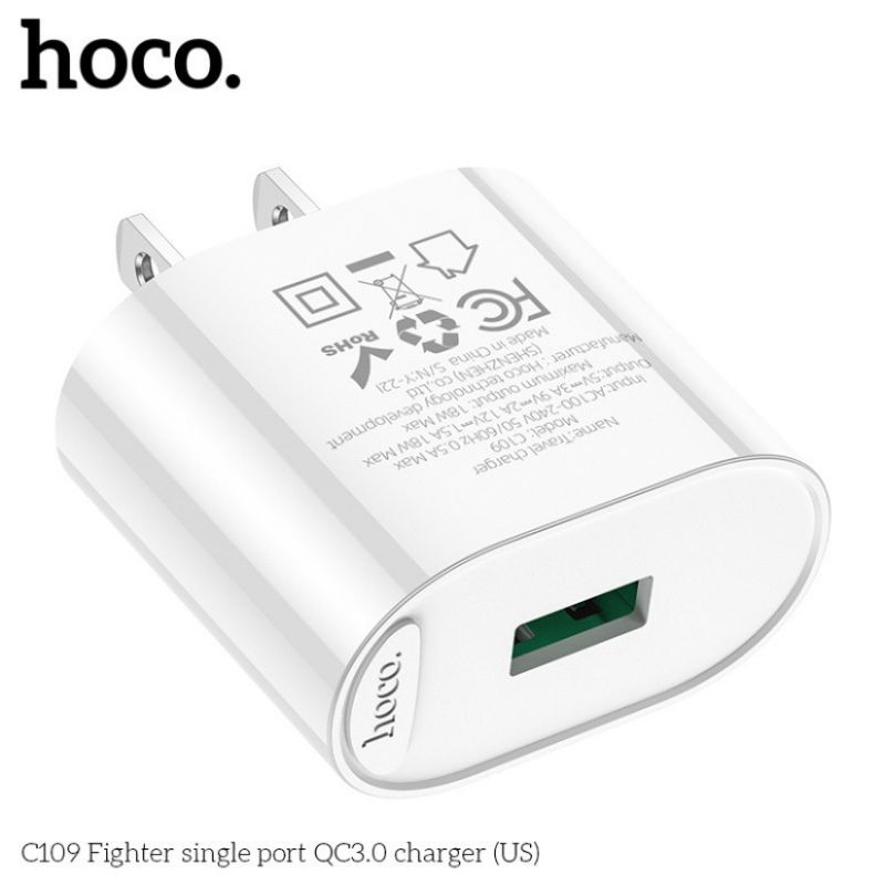 Củ sạc Hoco C109 sạc nhanh 18w chân dẹt 1 cổng USB hỗ trợ QC3.0 chất liệu PC