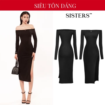 Váy body trễ vai dài tay SISTER xẻ tà sexy màu đen thun gân ôm sát tôn dáng đầm body dài Inga SIS-CLUB | SS3-D3