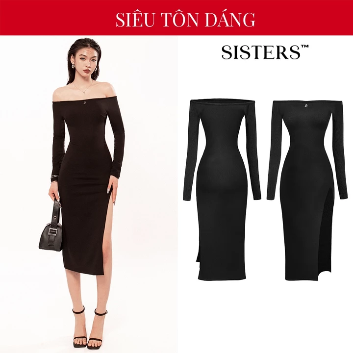 Váy body trễ vai dài tay SISTER xẻ tà sexy màu đen thun gân ôm sát tôn dáng đầm body dài Inga SIS-CLUB | SS3-D3