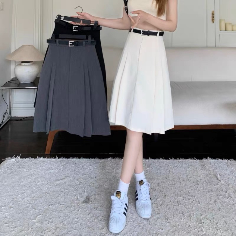 Chân Váy Chữ A Xếp Ly Phong Cách Hàn Quốc Kèm Đai Da (Tặng Kèm)_SHOPNGOCTRANG10_Thời Trang Công Sở 2024_CV124NT