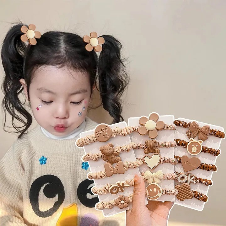 Set 5 Dây Cột Tóc Nhún Co Giãn Đính Charm Nhiều Màu Sắc Xinh Xắn Phụ Kiện Tóc Cho Nữ Và Bé Gái