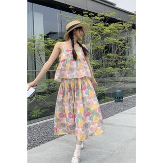 Set Váy Nữ Phong Cách Retro Áo 2 Dây Kèm Chân Váy Dáng Suông Có Eo Bo Chun Mẫu Hoa Nhiều Màu Sắc