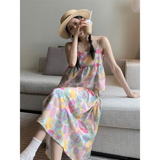 Set Váy Nữ Phong Cách Retro Áo 2 Dây Kèm Chân Váy Dáng Suông Có Eo Bo Chun Mẫu Hoa Nhiều Màu Sắc