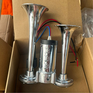 Còi sinh hơi 2 loa mạ crom trắng, Còi hơi ô tô cho xe không có bình hơi điện 12/24v.