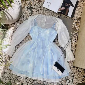 SET ĐẦM HOA 2 DÂY HOA HỒNG XANH PHỐI CARDIGAN TRẮNG, DU LỊCH, ĐI BIỂN, ĐI TIỆC | MEOINDAHOUSE
