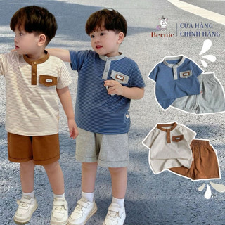 Bộ cộc tay bé trai cotton Bernie áo kẻ cổ trụ phối nắp túi ngực cho bé 9-25kg BUNNKIDS