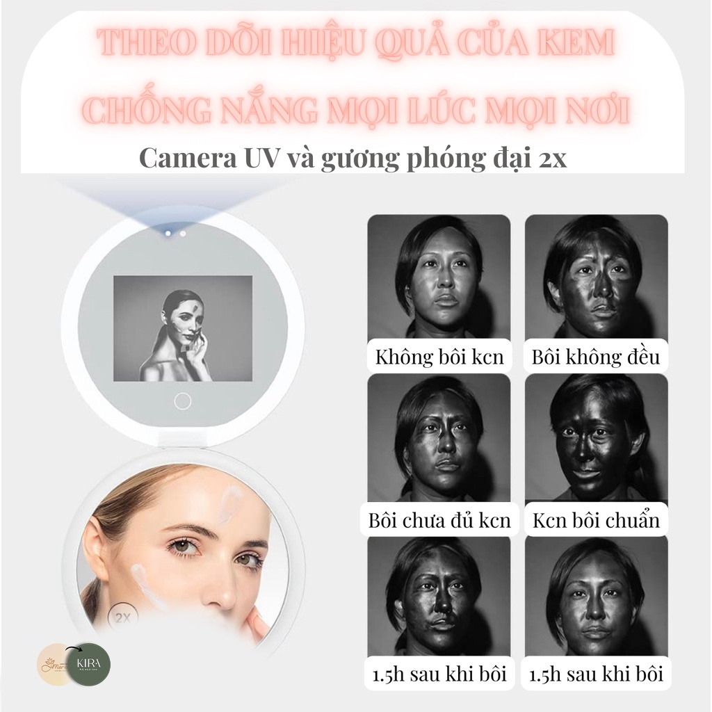 Gương cầm tay có camera UV Kira công nghệ FENCHILIN soi kem chống nắng (TẶNG KÈM THẺ ĐO UV)