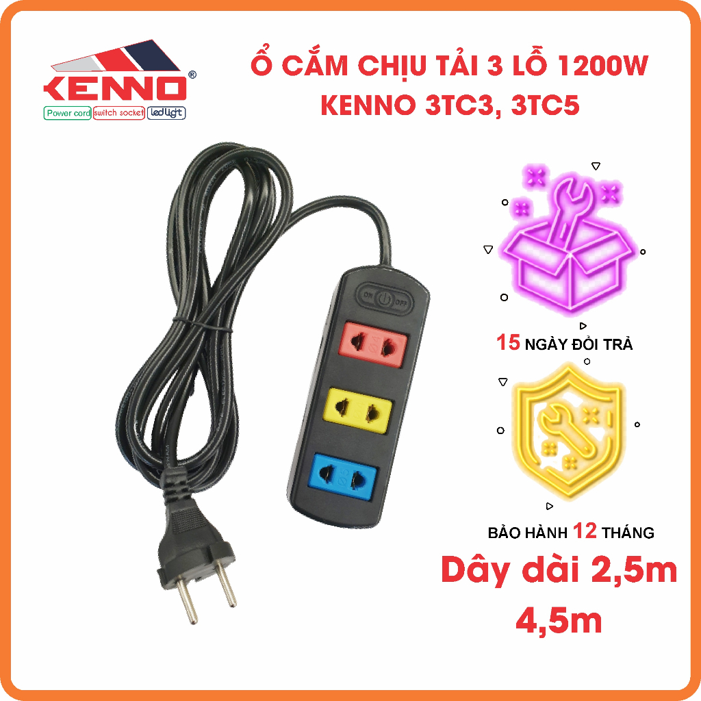 Ổ Cắm Điện Chịu Tải 1200W 3TC3-3TC5 KENNO 3 Lỗ Cắm, Phi 4 & 5, chống cháy, chuyên dùng văn phòng