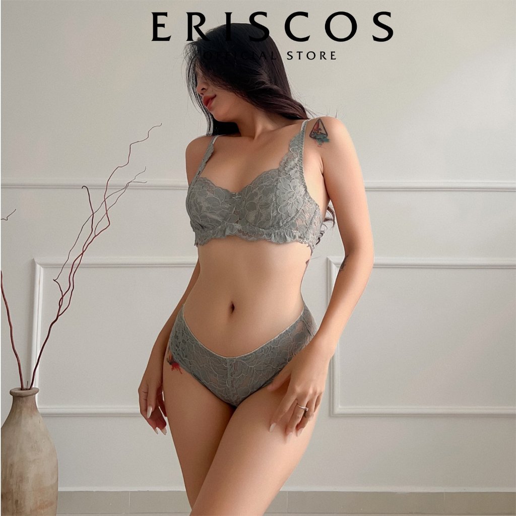 SELINE - Bộ đồ lót ren nữ  KHÔNG MÚT Áo ngực có gọng không mút quần lót ren tam giác cao cấp Eriscos màu xanh