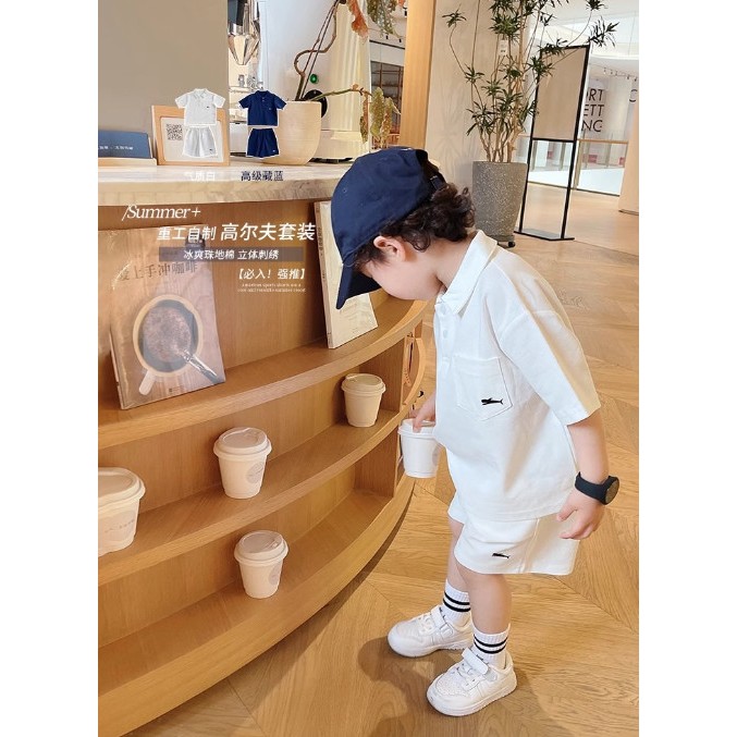 Bộ quần áo polo  thêu hình cá mập chất vải thông hơi 3 màu cho bé đi học đi chơi size 13-33kg, quần áo trẻ em