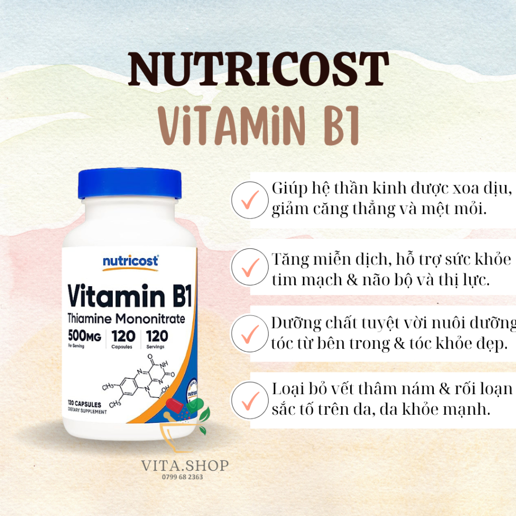Nutricost Vitamin B1 500mg Thiamine Mononitrate Viên uống hỗ trợ chức