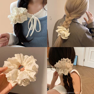 Dây buộc tóc ren trắng vintage dây scrunchies màu kem thanh lịch dành cho nữ