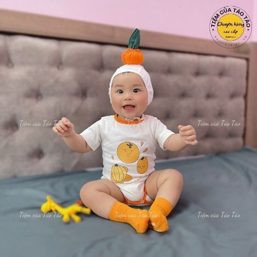 (HÀNG CÓ SẴN) - Set bodysuit CAM QUÝT cover ikii Hàn Quốc kèm mũ, tặng tất Cam cho bé trai, bé gái , sơ sinh