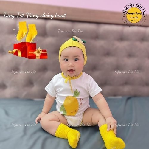 Sẵn Ship - Hỏa Tốc Set bộ bodysuit XOÀI VÀNG tặng kèm Mũ và tất Vàng cover ikii cho bé 5-13kg bé trai, bé gái Hàn Quốc