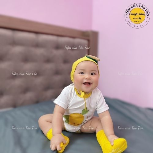 Sẵn Ship - Hỏa Tốc Set bộ bodysuit XOÀI VÀNG tặng kèm Mũ và tất Vàng cover ikii cho bé 5-13kg bé trai, bé gái Hàn Quốc