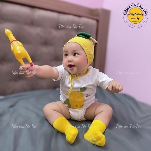 Sẵn Ship - Hỏa Tốc Set bộ bodysuit XOÀI VÀNG tặng kèm Mũ và tất Vàng cover ikii cho bé 5-13kg bé trai, bé gái Hàn Quốc