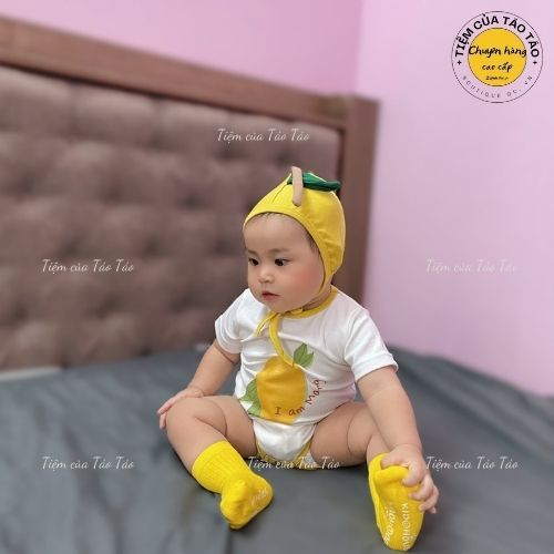 Sẵn Ship - Hỏa Tốc Set bộ bodysuit XOÀI VÀNG tặng kèm Mũ và tất Vàng cover ikii cho bé 5-13kg bé trai, bé gái Hàn Quốc