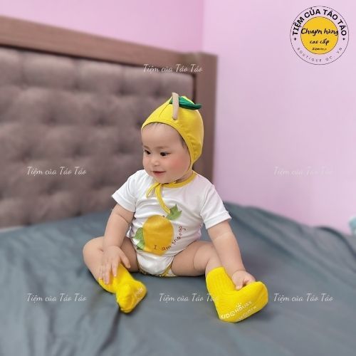 Sẵn Ship - Hỏa Tốc Set bộ bodysuit XOÀI VÀNG tặng kèm Mũ và tất Vàng cover ikii cho bé 5-13kg bé trai, bé gái Hàn Quốc
