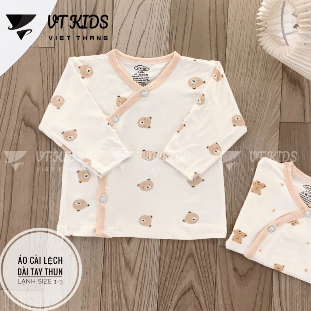 Combo 5 Áo dài tay sơ sinh màu kem vạt chéo thun lạnh phối màu VT in hoạ tiết cho bé 0 - 9 tháng [AL06] Đậu Đậu Store