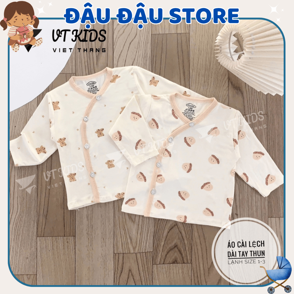Combo 5 Áo dài tay sơ sinh màu kem vạt chéo thun lạnh phối màu VT in hoạ tiết cho bé 0 - 9 tháng [AL06] Đậu Đậu Store