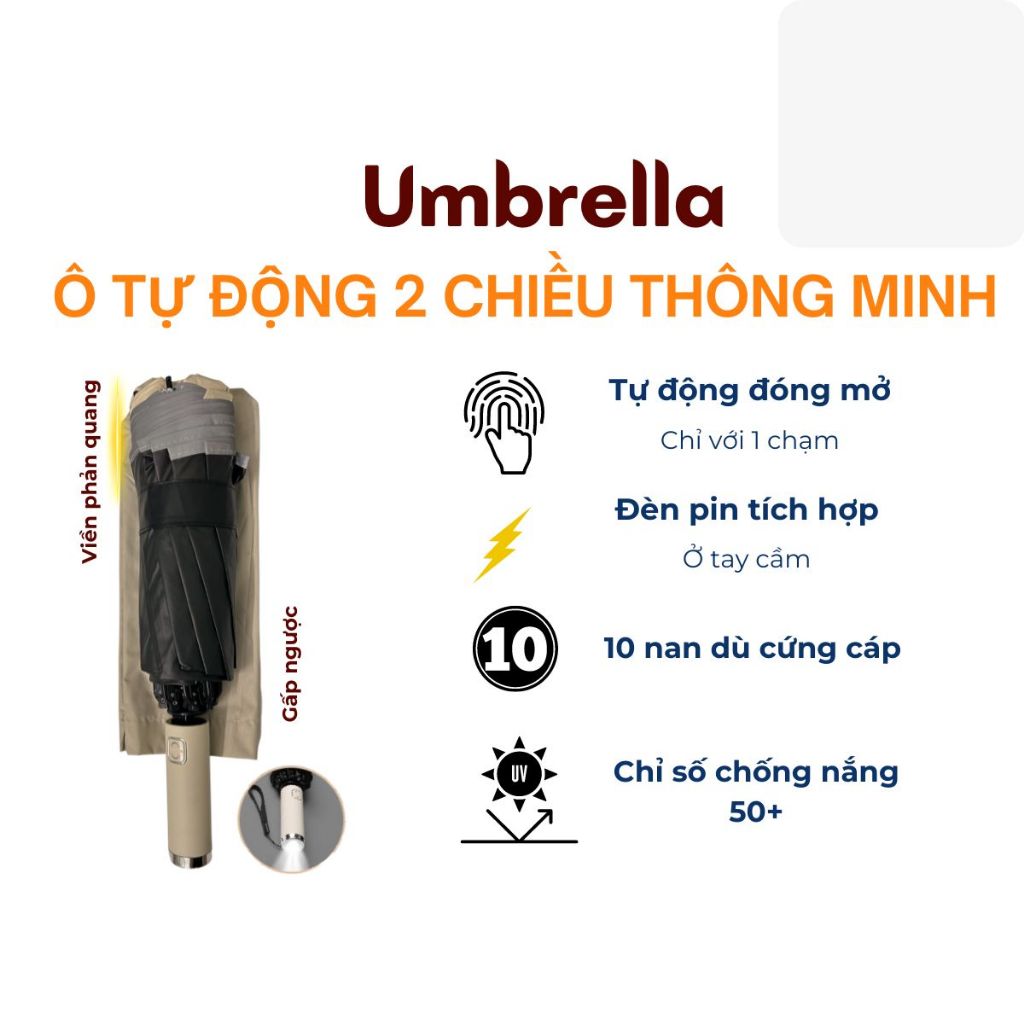Thanh Lý- Ô Dù Gấp Ngược Tự Động, Ô Đèn Pin Siêu Sáng Che Nắng, Che Mưa Phủ Sơn Đen Chống UV