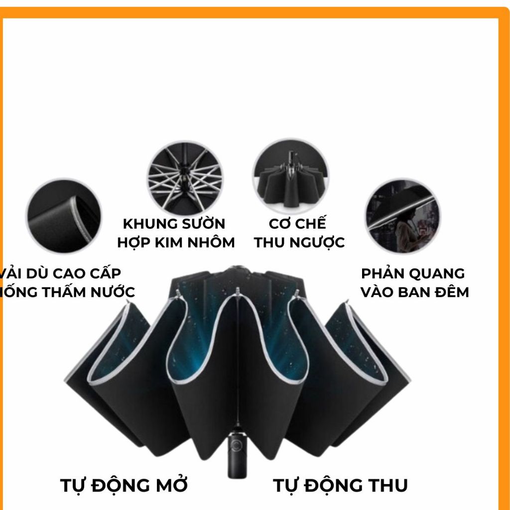Thanh Lý- Ô Dù Gấp Ngược Tự Động, Ô Đèn Pin Siêu Sáng Che Nắng, Che Mưa Phủ Sơn Đen Chống UV