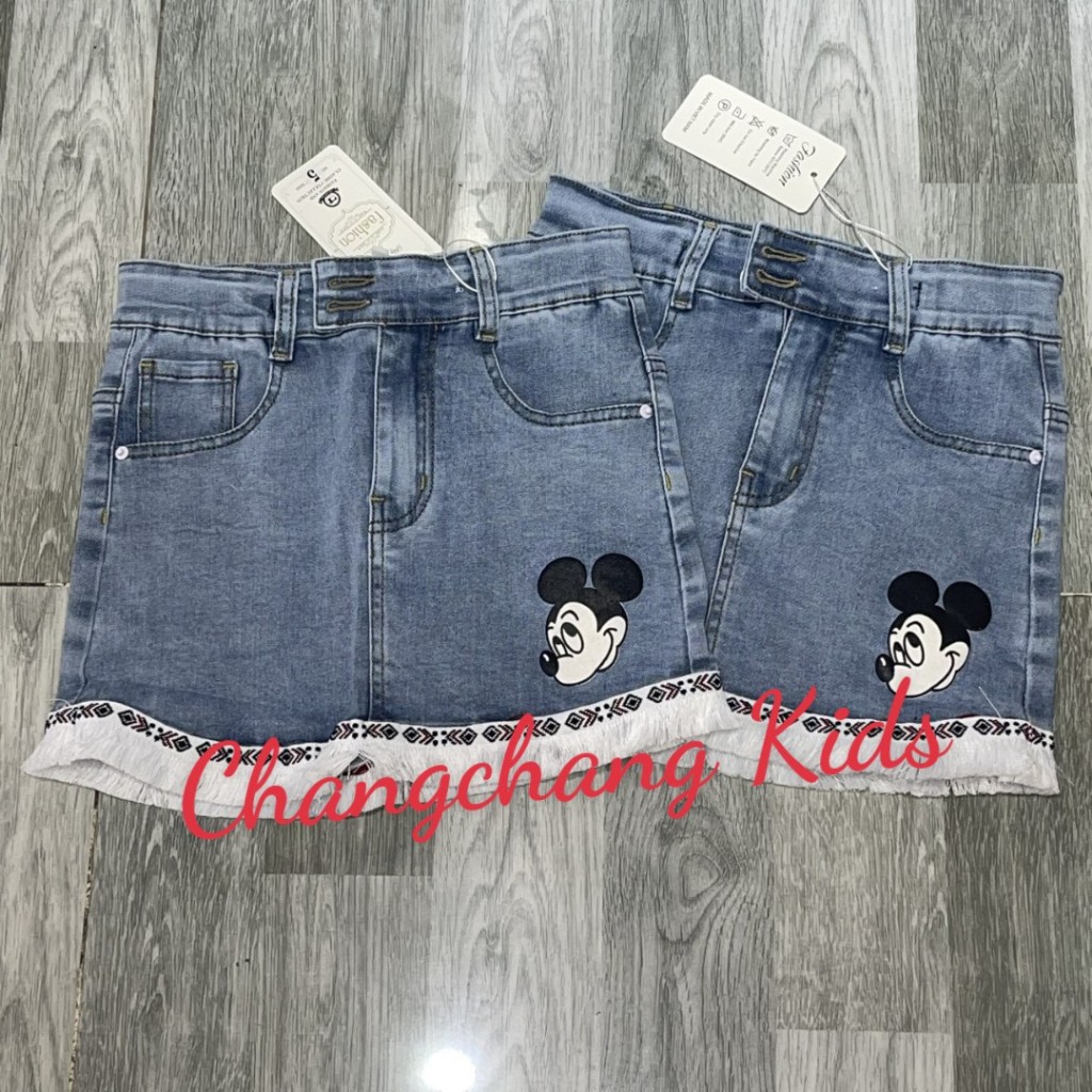 Hàng thiết kế Chân váy jean mickey cho bé chuẩn hàng size nhỏ đến đại và mẹ bé 2t đến 10,12,13,14,15 tuổi