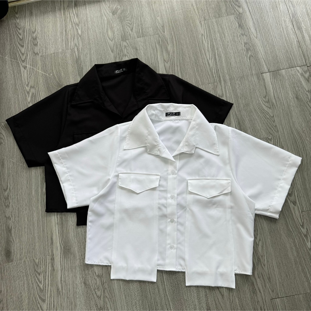 Áo Sơ Mi Dáng Croptop Túi Hộp Bigsize Nữ,Sơ Mi Tay Ngắn Big Size Vải Lụa Chéo Trơn Ít Nhắn SM162