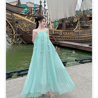 Đầm Maxi Dập Ly Cao Cấp 2 Dây Dáng Xòe Màu Xanh Pastel Đẹp Quyến Rũ, Sang Trọng