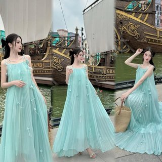 Đầm Maxi Dập Ly Cao Cấp 2 Dây Dáng Xòe Màu Xanh Pastel Đẹp Quyến Rũ, Sang Trọng