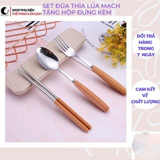 Bộ Thìa Đũa Dĩa Lúa Mạch Inox Cán Gỗ Lúa Mạch