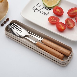 Bộ Thìa Đũa Dĩa Lúa Mạch Inox Cán Gỗ Lúa Mạch
