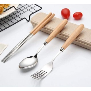 Bộ Thìa Đũa Dĩa Lúa Mạch Inox Cán Gỗ Lúa Mạch
