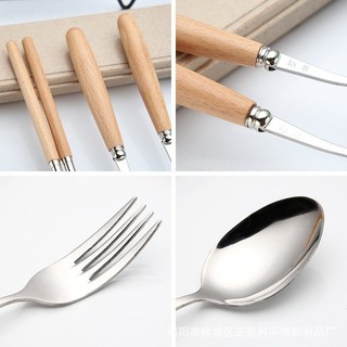 Bộ Thìa Đũa Dĩa Lúa Mạch Inox Cán Gỗ Lúa Mạch