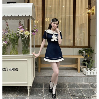 Đầm Váy Nữ Cổ Thuỷ Thủ Cột Nơ Xanh Đen Mix Viền Trắng Kem Tay Ngắn Dáng Xoè Xếp Li Phong Cách Nhật Bản