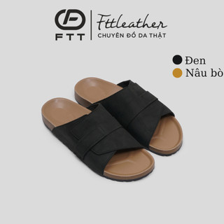 Dép đế trấu quai ngang da bò sáp Fttleather cho nam nữ thời trang unisex thấm hút mồ hôi chân D501