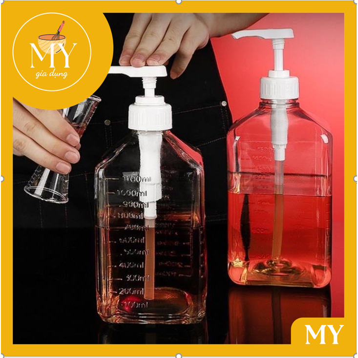 Bình đựng sirup bằng thủy tinh/ nhựa dung tích 1100ml có vòi pump 10ml sử dụng tiện lợi, có vạch chia định lượng